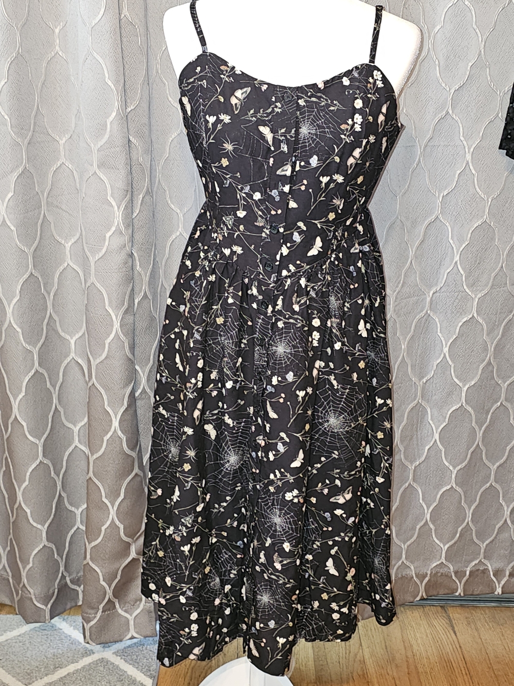 Black Floral & Web Print Spaghetti Strap Dress